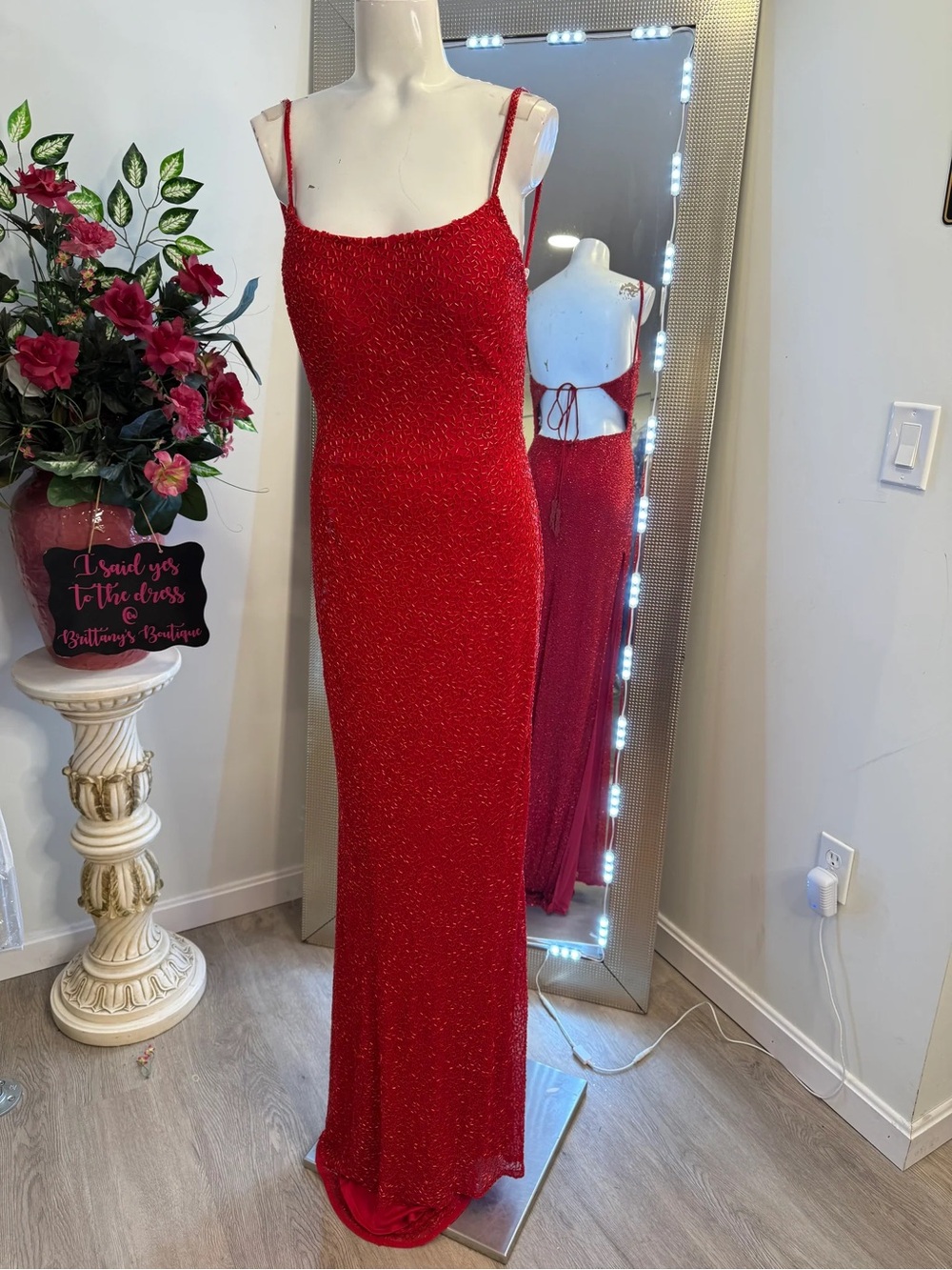Rachel Allan Red Spaghetti Strap Gown